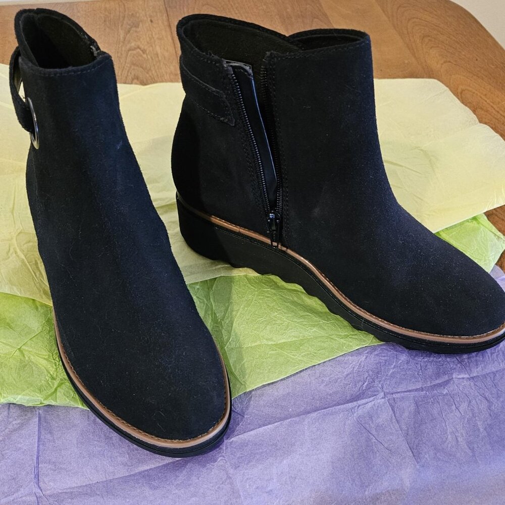 Black Suede Clarks Booties w/ 1" Wedge Heel